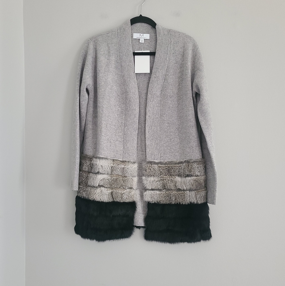 Magaschoni Gray Cardigan with Fur Trim in Gray and Black